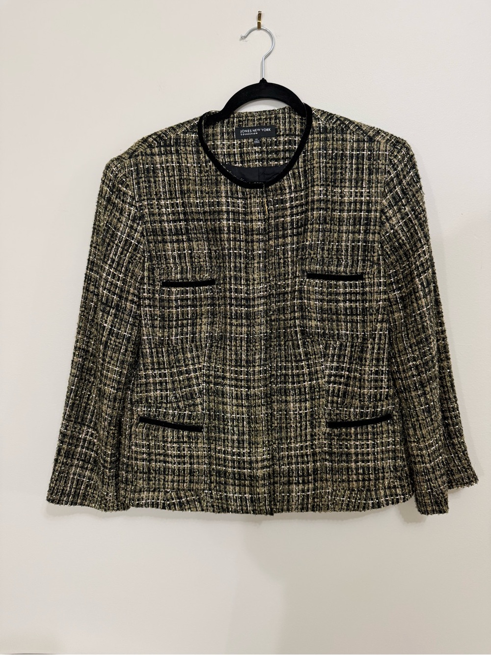 Jones New York Women’s Size 14 Beautiful Black and Cream Tweed Blazer EUC